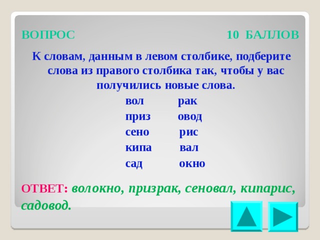 ВОПРОС 10 БАЛЛОВ К словам, данным в левом столбике, подберите слова из правого столбика так, чтобы у вас получились новые слова.  вол рак  приз овод  сено рис  кипа вал  сад окно    ОТВЕТ:  волокно, призрак, сеновал, кипарис, садовод.