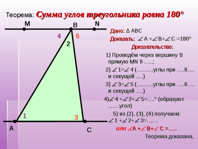 Исследование 4 группы Как с помощью «перегибания» углов треугольника найти их сумму? Перегните пронумерованные углы так, чтобы вершины оказались в одной точке.   = 180°