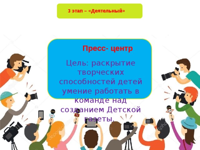 3 этап – «Деятельный» Пресс- центр Цель: раскрытие творческих способностей детей умение работать в команде над созданием Детской газеты.