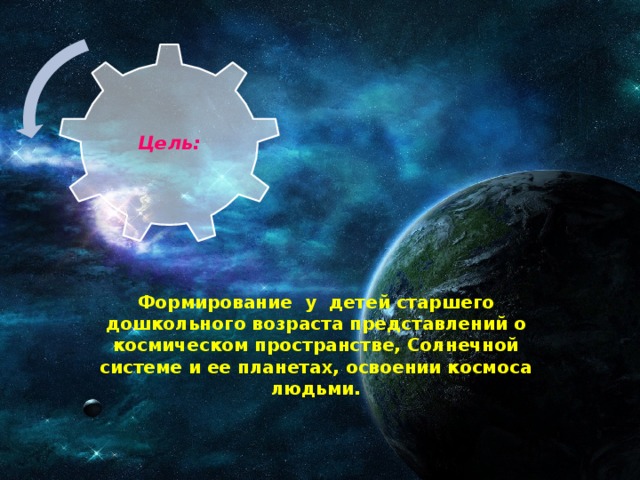 Цель: Формирование  у  детей старшего дошкольного возраста представлений о космическом пространстве, Солнечной системе и ее планетах, освоении космоса людьми.