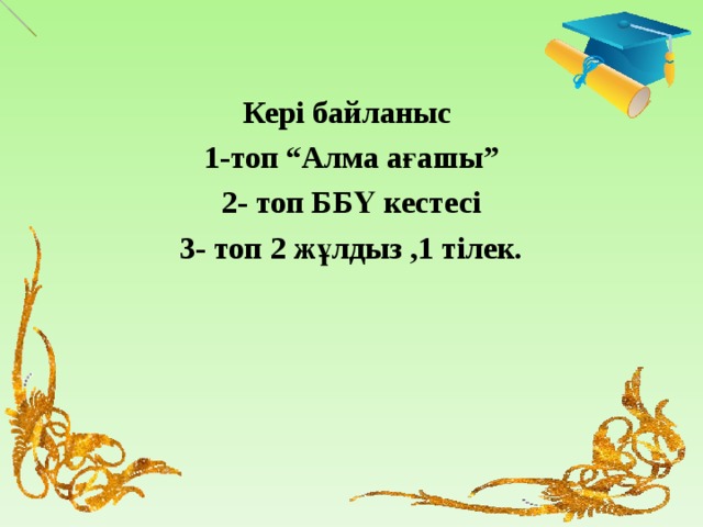Кері байланыс 1-топ “Алма ағашы” 2- топ ББҮ кестесі 3- топ 2 жұлдыз ,1 тілек.