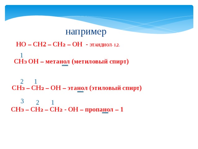 например  НО – CH2 – CH₂ – OH -  ЭТАНДИОЛ- 1,2. 1 CH₃ OH – метанол (метиловый спирт) 1 2 CH₃ – CH₂ – OH – этанол (этиловый спирт) 3 1 2 CH₃ – CH₂ – CH₂ - OH – пропанол – 1
