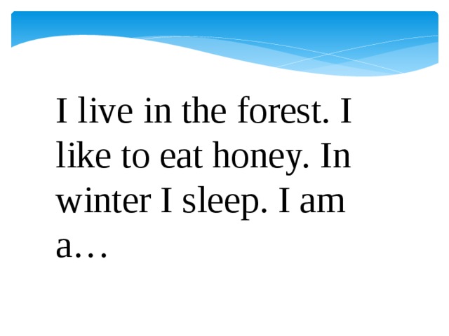 I live in the forest. I like to eat honey. In winter I sleep. I am a…