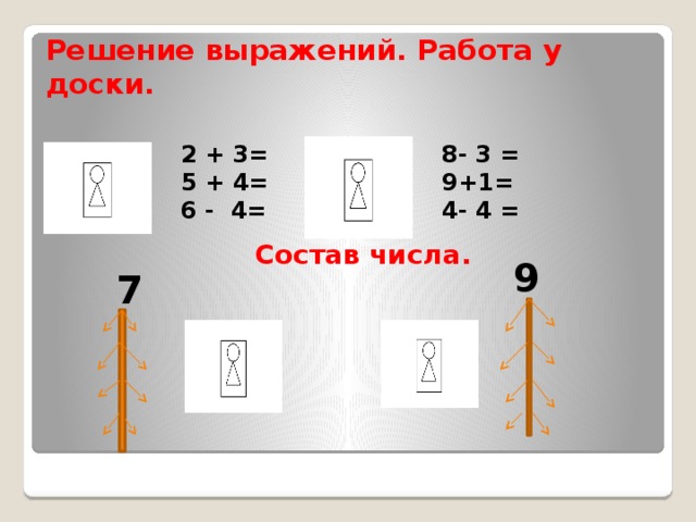 Решение выражений. Работа у доски. 8- 3 = 2 + 3= 5 + 4= 9+1= 4- 4 = 6 - 4=  Состав числа.  9 7