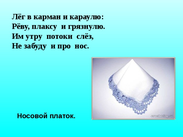 Лёг в карман и караулю: Рёву, плаксу и грязнулю. Им утру потоки слёз, Не забуду и про нос.   Носовой платок.