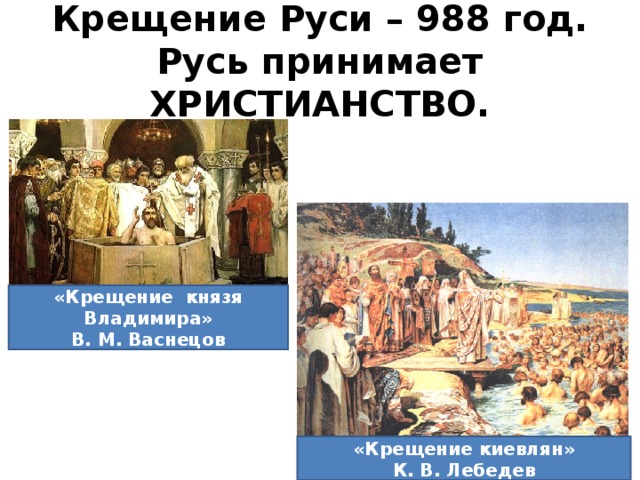 Крещение Руси – 988 год.  Русь принимает ХРИСТИАНСТВО. «Крещение князя Владимира» В. М. Васнецов «Крещение киевлян» К. В. Лебедев