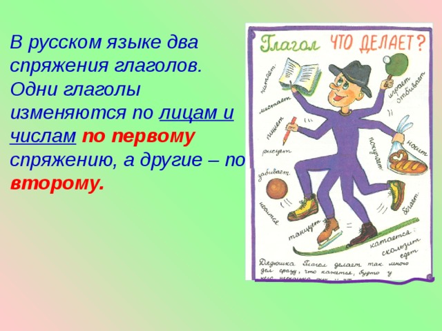 В русском языке два спряжения глаголов. Одни глаголы изменяются по лицам и числам  по первому спряжению, а другие – по второму.
