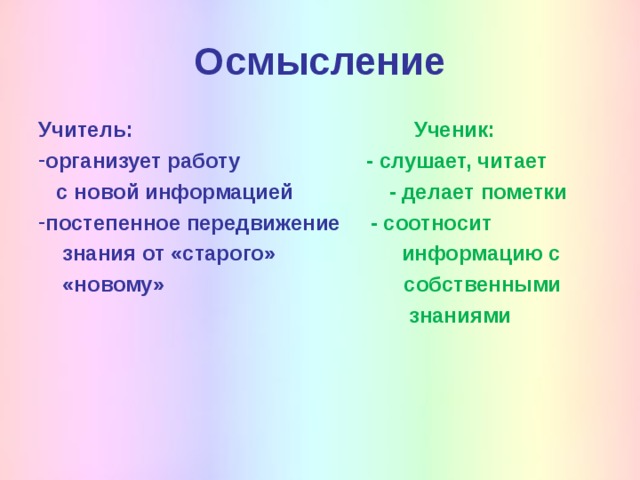 Осмысление Учитель: Ученик: организует работу -  слушает, читает  с новой информацией -  делает пометки постепенное передвижение -  соотносит   знания от «старого» информацию с   «новому» собственными   знаниями