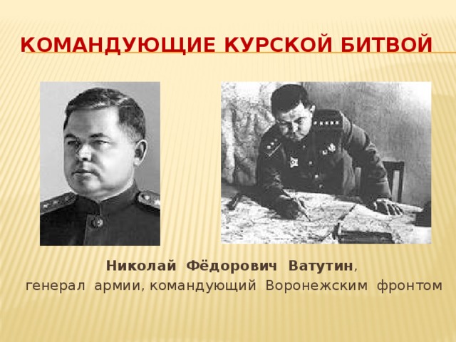 Командующие курской битвой Николай Фёдорович Ватутин ,  генерал армии, командующий Воронежским фронтом