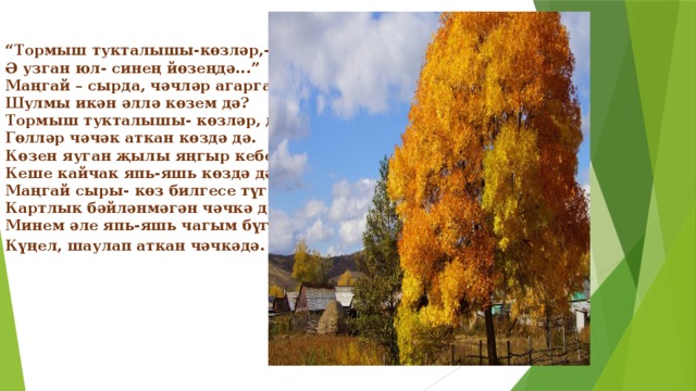 “ Тормыш тукталышы-көзләр,-диләр.  Ә узган юл- синең йөзеңдә...”  Маңгай – сырда, чәчләр агарганнар,-  Шулмы икән әллә көзем дә?  Тормыш тукталышы- көзләр, диләр.  Гөлләр чәчәк аткан көздә дә.  Көзен яуган җылы яңгыр кебек.  Кеше кайчак япь-яшь көздә дәю  Маңгай сыры- көз билгесе түгел!  Картлык бәйләнмәгән чәчкә дә!  Минем әле япь-яшь чагым бүген,-  Күңел, шаулап аткан чәчкәдә .