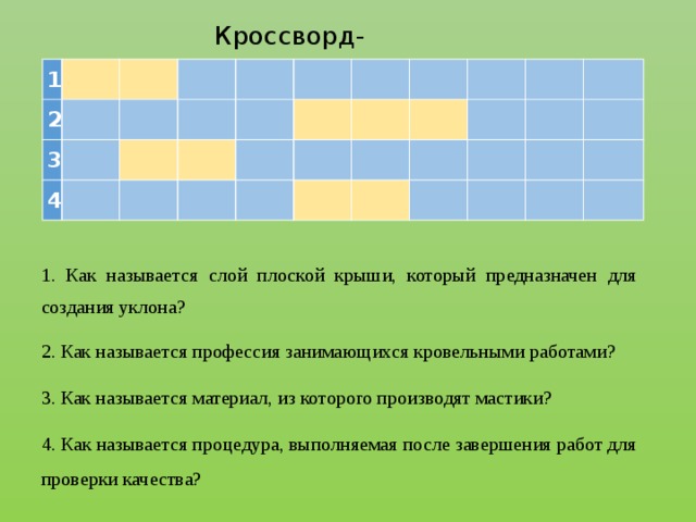 Кроссворд-анаграмма 1 2     3   4                                                                           1. Как называется слой плоской крыши, который предназначен для создания уклона? 2. Как называется профессия занимающихся кровельными работами? 3. Как называется материал, из которого производят мастики? 4. Как называется процедура, выполняемая после завершения работ для проверки качества?