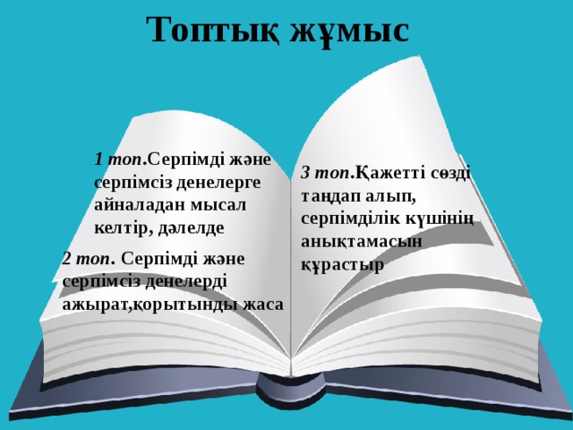 Топтық жұмыс 1 топ .Серпімді және серпімсіз денелерге айналадан мысал келтір, дәлелде 3 топ .Қажетті сөзді таңдап алып, серпімділік күшінің анықтамасын құрастыр 2 топ. Серпімді және серпімсіз денелерді ажырат,қорытынды жаса