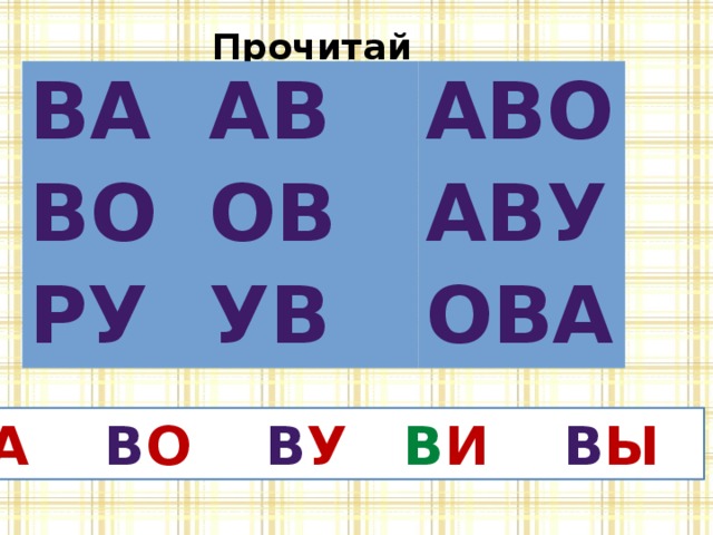 Прочитай ва ав во аво ов РУ аву ув ова в а в о в у  в и в ы