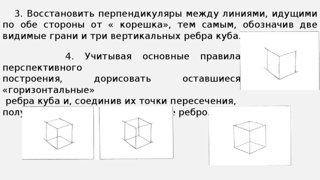 3. Восстановить перпендикуляры между линиями, идущими по обе стороны от « корешка», тем самым, обозначив две видимые грани и три вертикальных ребра куба.  4. Учитывая основные правила перспективного построения, дорисовать оставшиеся «горизонтальные»  ребра куба и, соединив их точки пересечения, получить последнее вертикальное ребро.