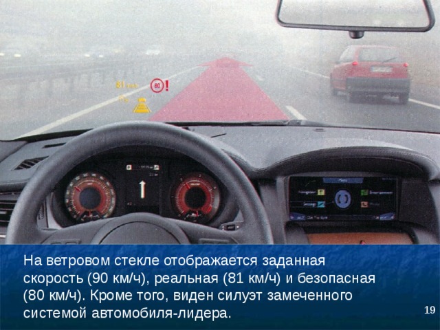 На ветровом стекле отображается заданная скорость (90 км/ч), реальная (81 км/ч) и безопасная (80 км/ч). Кроме того, виден силуэт замеченного системой автомобиля-лидера. 19