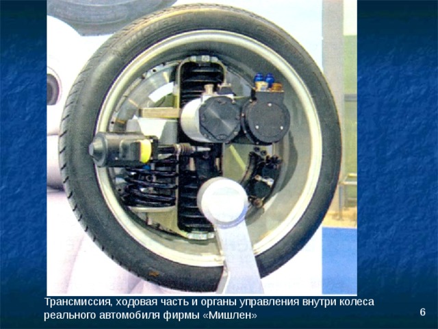 Трансмиссия, ходовая часть и органы управления внутри колеса реального автомобиля фирмы «Мишлен» 6