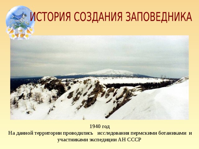 1940 год  На данной территории проводились исследования пермскими ботаниками и участниками экспедиции АН СССР