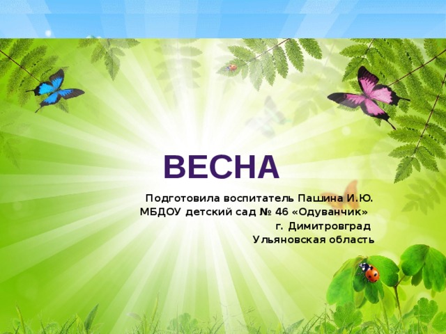 ВЕСНА Подготовила воспитатель Пашина И.Ю. МБДОУ детский сад № 46 «Одуванчик» г. Димитровград Ульяновская область