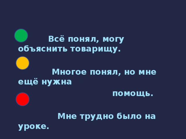 Всё понял, могу объяснить товарищу.   Многое понял, но мне ещё нужна  помощь.   Мне трудно было на уроке.