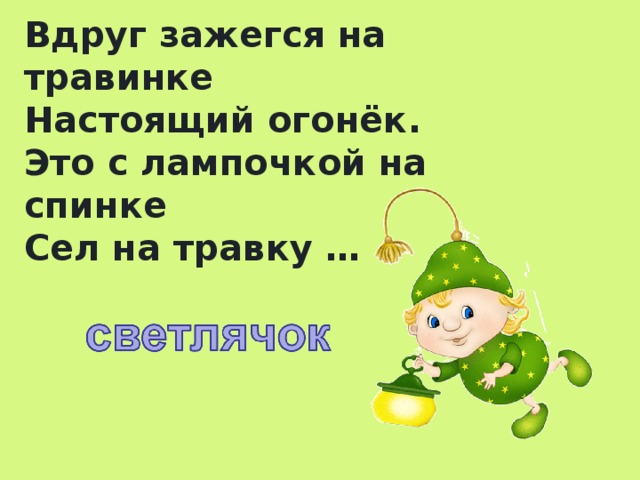 Вдруг зажегся на травинке  Настоящий огонёк.  Это с лампочкой на спинке  Сел на травку …