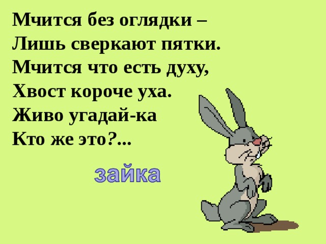 Мчится без оглядки –  Лишь сверкают пятки.  Мчится что есть духу,  Хвост короче уха.  Живо угадай-ка  Кто же это ? ...