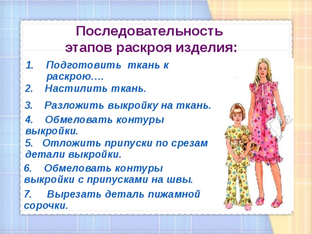 Последовательность  этапов раскроя изделия: Подготовить ткань к раскрою…. 2. Настилить ткань. 3. Разложить выкройку на ткань. 4. Обмеловать контуры выкройки. 5. Отложить припуски по срезам детали выкройки. 6. Обмеловать контуры выкройки с припусками на швы. 7. Вырезать деталь пижамной сорочки.