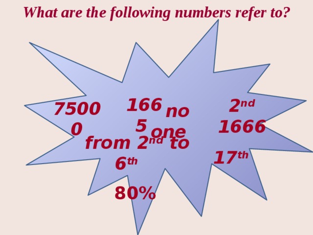 What are the following numbers refer to?    1665 2 nd 1666 75000  no one  from 2 nd to 6 th 17 th  80%
