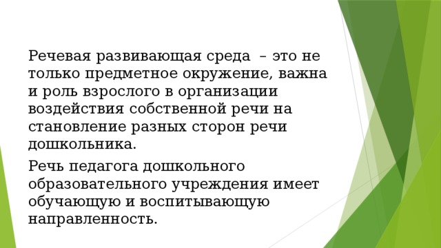 Речевая развивающая среда – это не только предметное окружение, важна и роль взрослого в организации воздействия собственной речи на становление разных сторон речи дошкольника. Речь педагога дошкольного образовательного учреждения имеет обучающую и воспитывающую направленность.