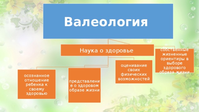 Валеология Наука о здоровье собственные жизненные ориентиры в выборе здорового образа жизни оценивание своих физических возможностей представление о здоровом образе жизни осознанное отношение ребенка к своему здоровью