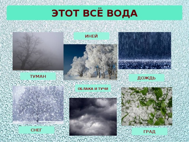 Этот всё вода ИНЕЙ ТУМАН ДОЖДЬ ОБЛАКА И ТУЧИ СНЕГ ГРАД