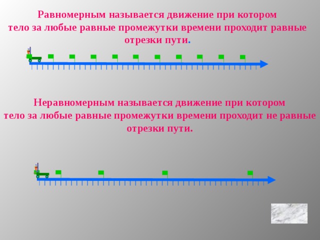 Равномерным называется движение при котором тело за любые равные промежутки времени проходит равные отрезки пути . Неравномерным называется движение при котором тело за любые равные промежутки времени проходит не равные отрезки пути.