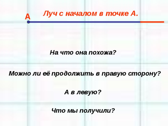 Луч с началом в точке А. А На что она похожа? Можно ли её продолжить в правую сторону? А в левую? Что мы получили?