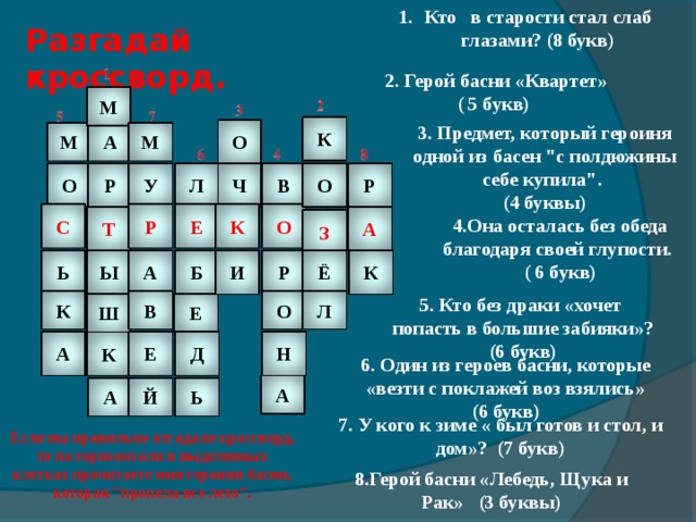 Кто в старости стал слаб глазами? (8 букв)