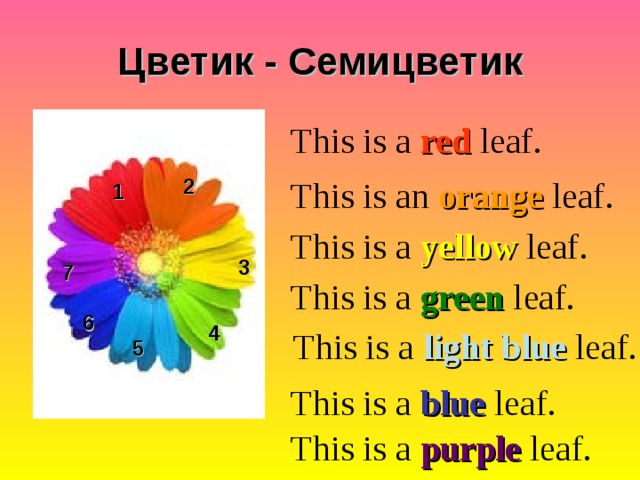Цветик - Семицветик This is a red leaf. 2 This is an orange  leaf. 1 This is a yellow leaf. 3 7 This is a green leaf. 6 4 This is a light blue  leaf. 5 This is a blue leaf. This is a purple  leaf.