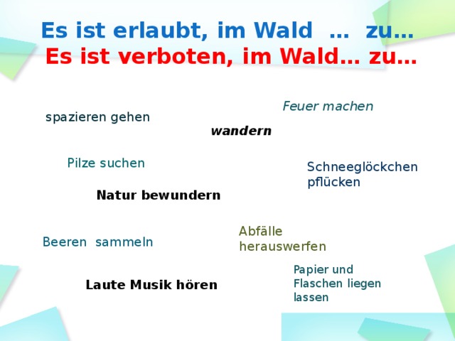 Es ist erlaubt, im Wald … zu…   Es ist verboten, im Wald… zu… Feuer machen spazieren gehen wandern Pilze suchen Schneeglöckchen pflücken Natur bewundern Abfälle herauswerfen Beeren sammeln Papier und Flaschen liegen lassen Laute Musik hören