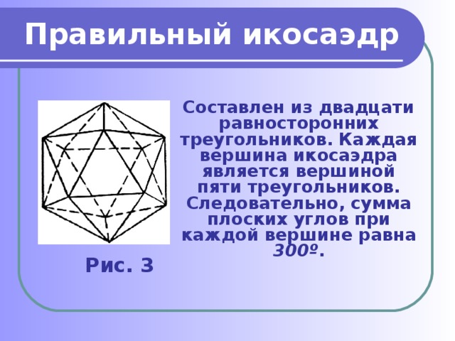 Правильный икосаэдр Составлен из двадцати равносторонних треугольников. Каждая вершина икосаэдра является вершиной пяти треугольников. Следовательно, сумма плоских углов при каждой вершине равна 300º . Рис. 3