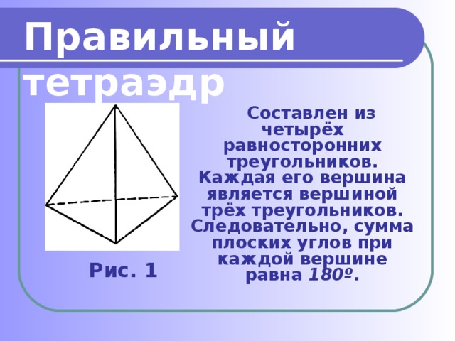 Правильный тетраэдр  Составлен из четырёх равносторонних треугольников. Каждая его вершина является вершиной трёх треугольников. Следовательно, сумма плоских углов при каждой вершине равна 180º . Рис. 1