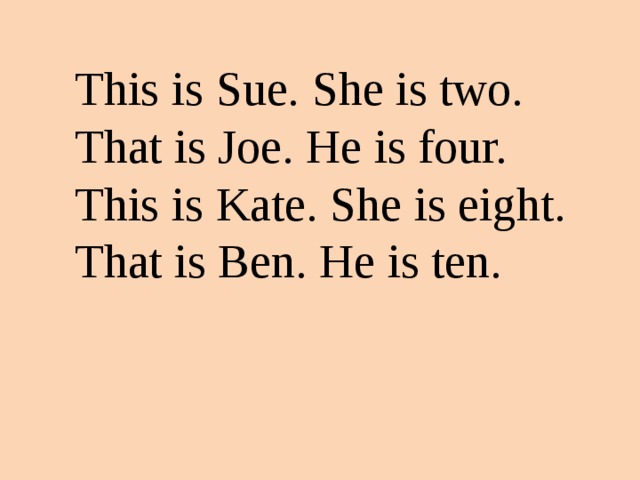 This is Sue. She is two. That is Joe. He is four. This is Kate. She is eight. That is Ben. He is ten.