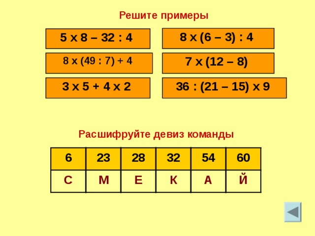Решите примеры 8 x (6 – 3) : 4  5 x 8 – 32 : 4  7 x (12 – 8)  8 x (49 : 7) + 4  36 : (21 – 15) x 9  3 x 5 + 4 x 2  Расшифруйте девиз команды 6 23 32 54 60 28 С М Е К А Й