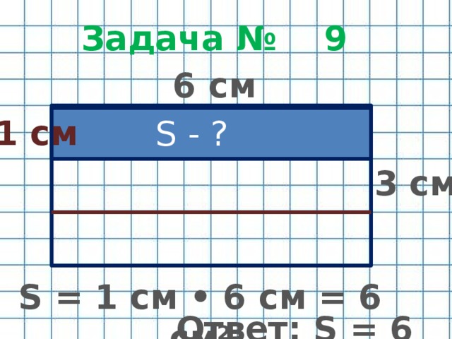 Задача № 9 6 см 1 см S - ? 3 см S = 1 см • 6 см = 6 см 2 Ответ: S = 6 см 2