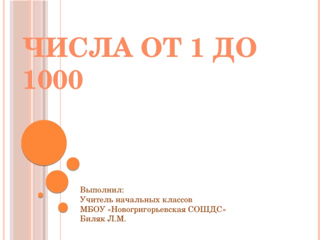 Числа от 1 до 1000 Выполнил:  Учитель начальных классов  МБОУ «Новогригорьевская СОШДС»  Биляк Л.М.