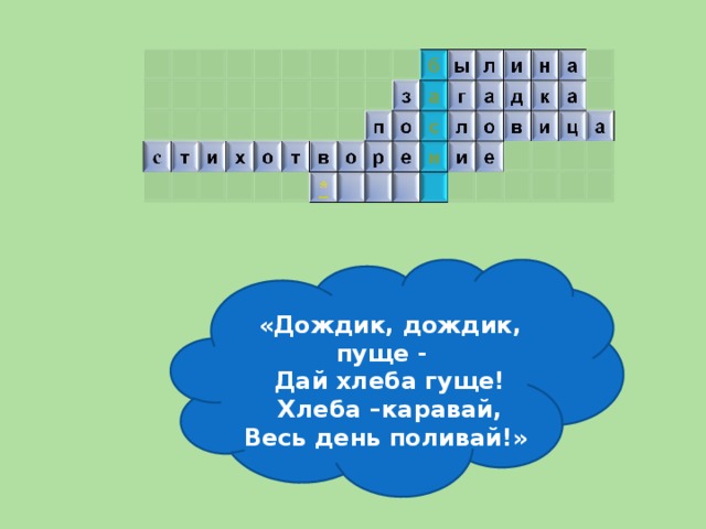 «Дождик, дождик, пуще - Дай хлеба гуще! Хлеба –каравай, Весь день поливай!»