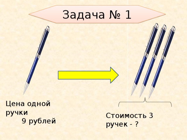 Задача № 1 Цена одной ручки  9 рублей Стоимость 3 ручек - ?