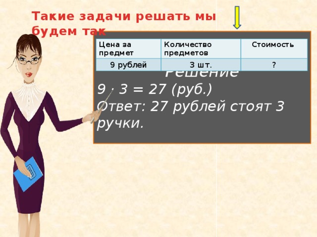 Такие задачи решать мы будем так  Решение 9 · 3 = 27 (руб.) Ответ: 27 рублей стоят 3 ручки.  Цена за предмет Количество предметов 9 рублей Стоимость 3 шт. ?