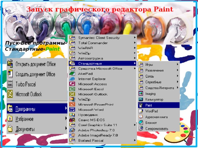 Запуск графического редактора Paint Пуск-Все  программы-Стандартные- Paint