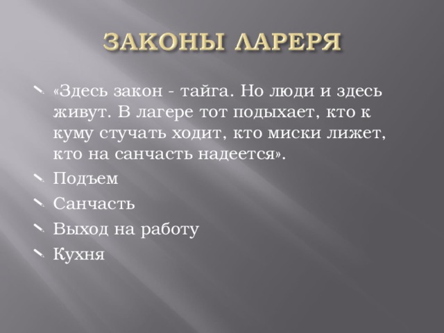 «Здесь закон - тайга. Но люди и здесь живут. В лагере тот подыхает, кто к куму стучать ходит, кто миски лижет, кто на санчасть надеется». Подъем Санчасть Выход на работу Кухня