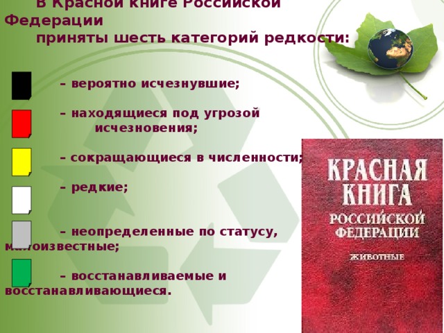 В Красной книге Российской Федерации  приняты шесть категорий редкости:    – вероятно исчезнувшие;  – находящиеся под угрозой  исчезновения;    – сокращающиеся в численности;  – редкие;   – неопределенные по статусу, малоизвестные;  – восстанавливаемые и восстанавливающиеся.