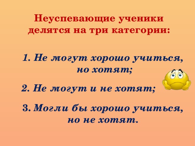 Неуспевающие ученики делятся на три категории: 1. Не могут хорошо учиться, но хотят; 2. Не могут и не хотят;  3. Могли бы хорошо учиться, но не хотят.