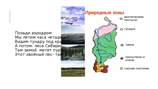 Позади аэродром  Мы летим часа четыре  Видим тундру под крылом  А потом- леса Сибири  Там зимой метет пурга  Этот хвойный лес- тайга