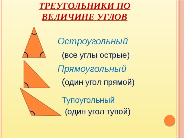 Треугольники по величине углов Остроугольный (все углы острые) Прямоугольный ( один угол прямой) Тупоугольный (один угол тупой)